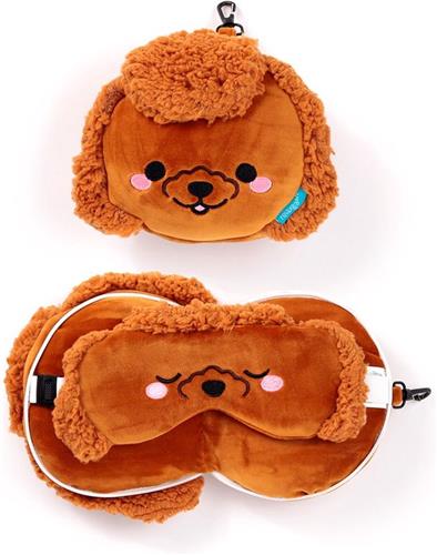 Relaxeazzz Adoramals Gigi the Toy Poodle Plush Travel Pillow & Eye Mask- Nekkussen + Masker Poedel Height 14cm Width 17cm Depth 11cm Open 15 x 28 x 7cm