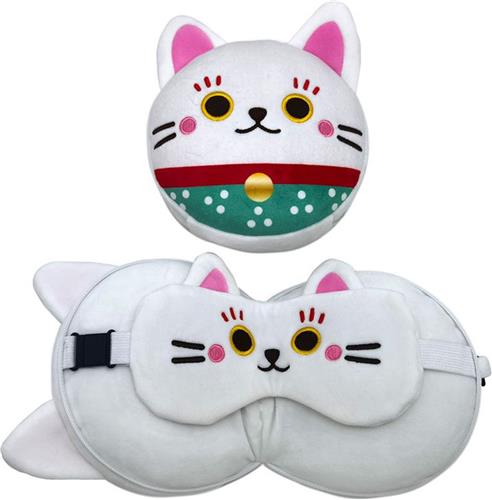Reiskussen & Slaapmasker - Relaxeazzz Maneki Neko Gelukskat Rond - Wit - 16x15,5x10,5cm/15,5x28,5x7cm