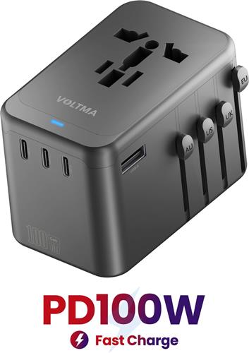 Voltma® Universele Reisadapter, 100 Watt Snelle Oplader met 4x USB-C en 1x USB-A Poort, Internationale Reisoplader voor EU, VS, VK en AU, Overspanningsbeveiliging met 2500W AC Stopcontact, Wereldstekker met PD3.0/2.0, QC3.0, PPS, Apple, MacBook.