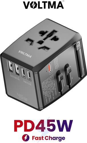 Voltma® Universele Reisadapter UC 45W, 45 Watt Snelle Oplader GaN Universele Charger Adapter met 3 USB-C en 2 USB-A Poorten, Internationale Plug Converter Wereldwijde Reisoplader Alles-in-één voor EU, VS, VK en AUS. Wereldstekker werkt met Apple.