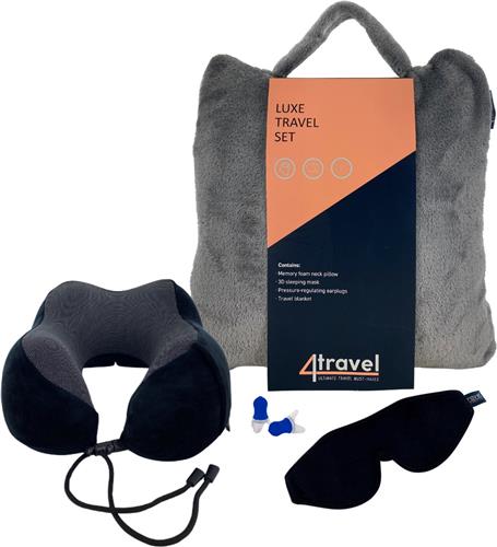4-Travel Luxe Travel Set - Reisset 4 in 1 met Nekkussen, Oogmasker, Oordoppen & Reisdeken