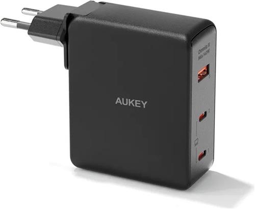 Aukey Omnia II Mix - Reisstekker met EU, US en UK stekkers - GaN-Oplader: Sneller en Compacter - 2x USB-C, 1x USB-A - 140W - Zwart