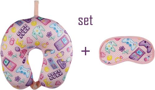 Puckator - Nekkussen met Slaapmasker - Travel Pillow Reiskussen - Neksteun voor Reis Vliegtuig/Auto/Bus - U-Vorm Nekkussen - Game Over pink - 28 x 28 cm