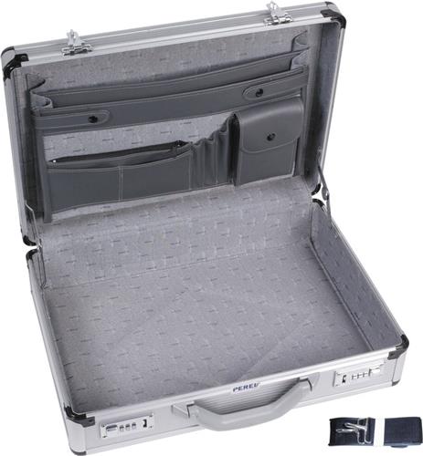 Perel attachékoffer voor laptop en A4-documenten, met 2 cijfersloten, schouderriem en versterkte hoeken, perfect voor dagelijks gebruik, robuust, aluminium, grijs, 460 x 335 x 110 mm